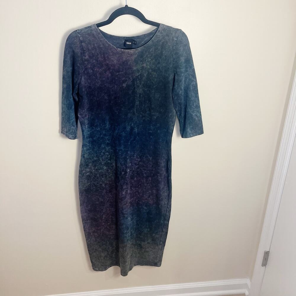 ASOS Dress Women 8 Blue Acid Wash Midi Bodycon Elbow Sleeve Cotton Stretch - Picture 4 of 7